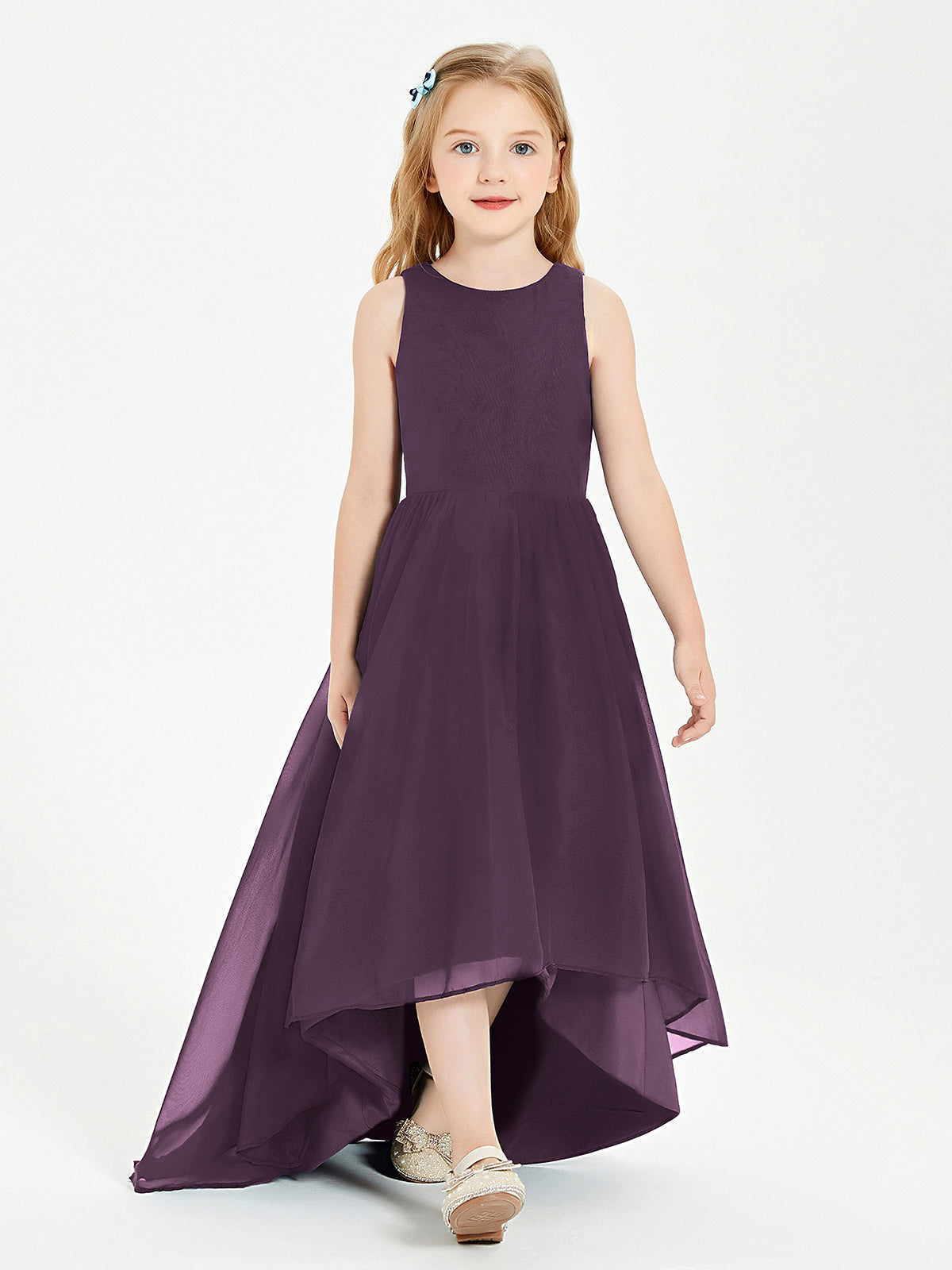 Asymmetrical Junior Bridesmaid Dresses with Scoop Neckline Plum